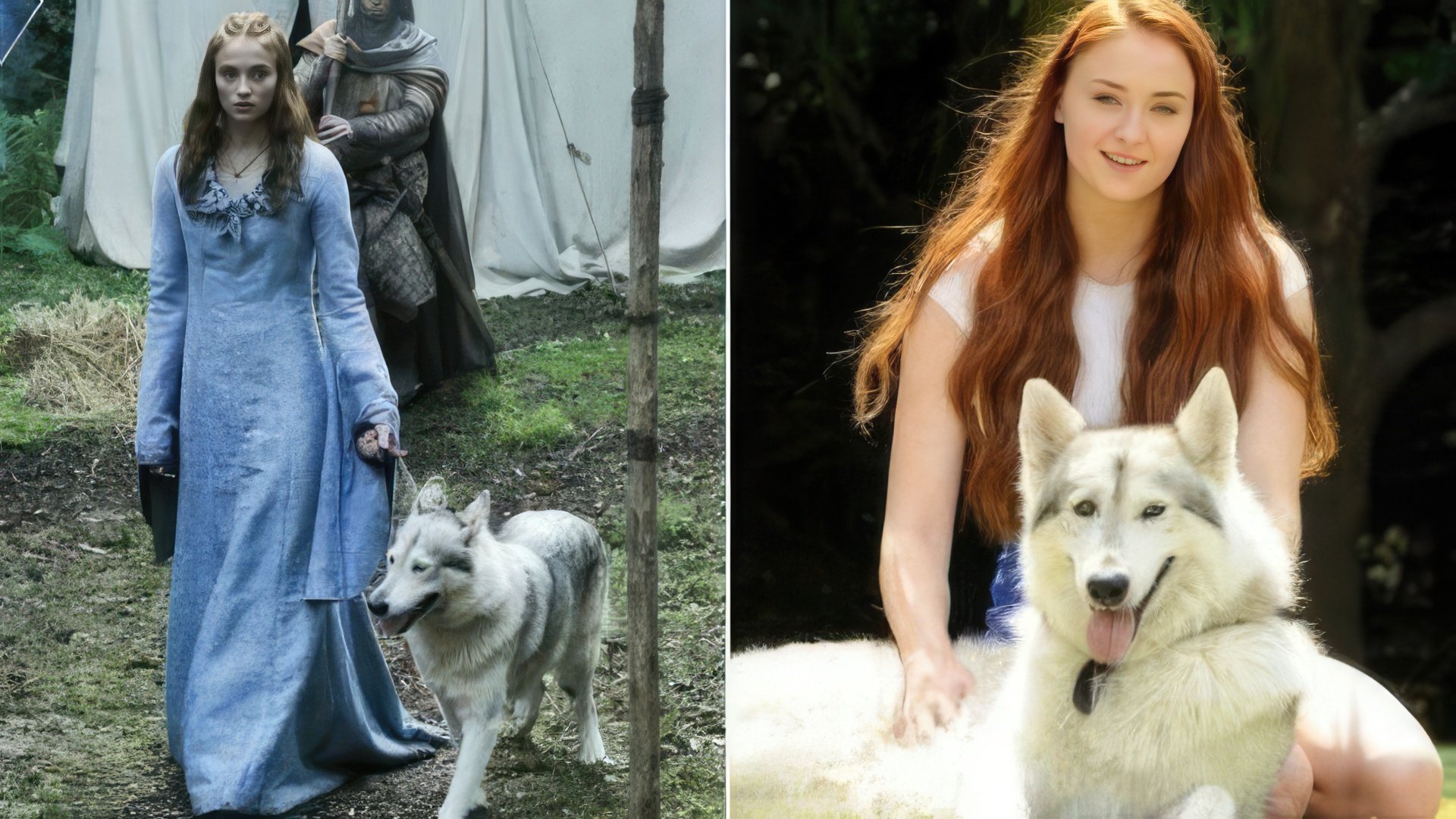 Sansa Stark y su lobo huargo Lady fuera del set