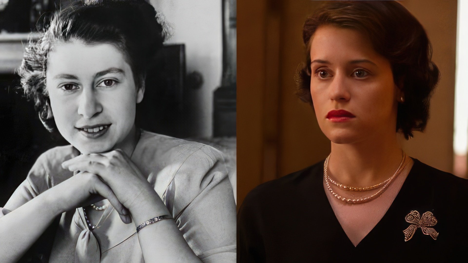 Claire Foy como la Reina Isabel II (derecha)