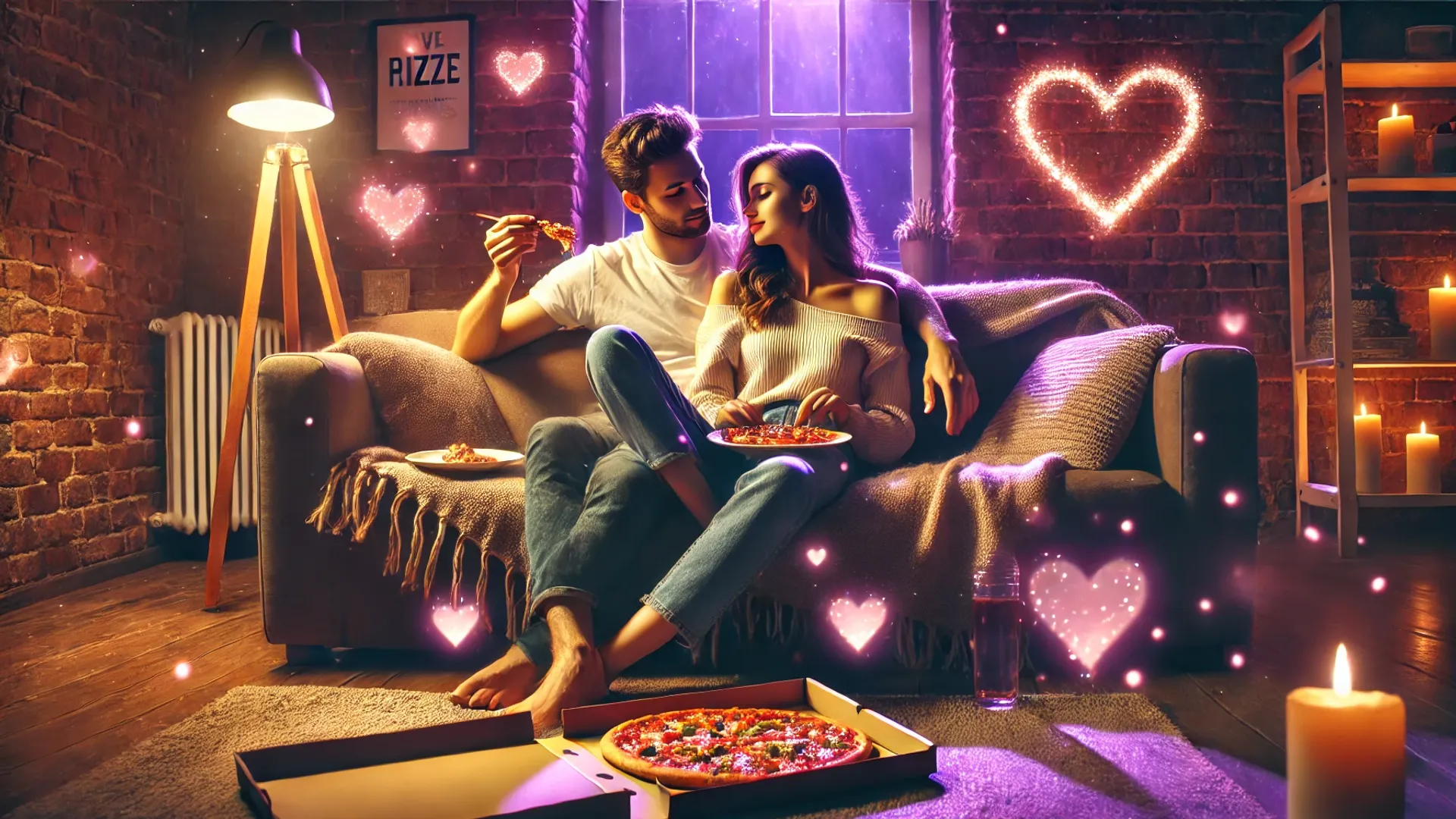 Una pareja enamorada está sentada en el sofá comiendo pizza, un ambiente romántico con corazones