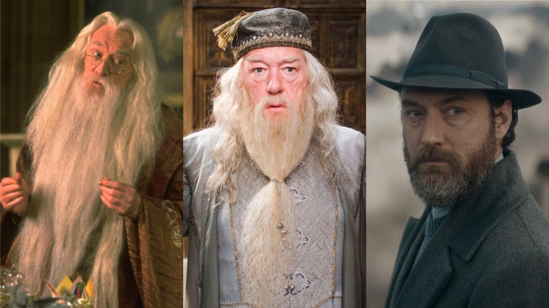 Tres hombres con trajes de mago de las películas del universo de Harry Potter