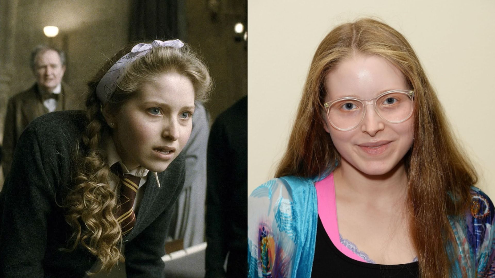 Actriz Jessie Cave como Lavender Brown de la película de Harry Potter, vestida con uniforme escolar