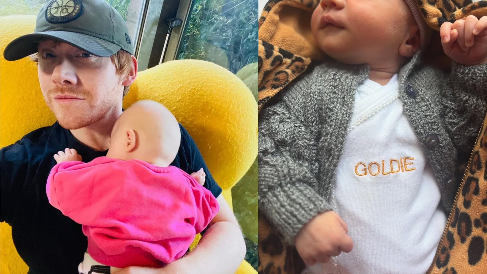 A la izquierda, el actor Rupert Grint con una gorra sostiene a su hija Wednesday mientras está sentado en un sillón amarillo, a la derecha - hija Goldie con un cárdigan y body