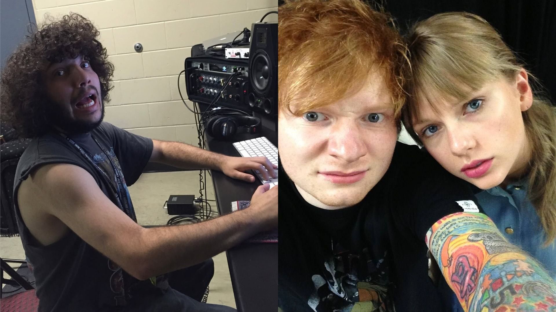 El productor Benny Blanco sentado en la mesa con la boca abierta mirando a la cámara, los cantantes Ed Sheeran y Taylor Swift se toman un selfie mirando a la cámara