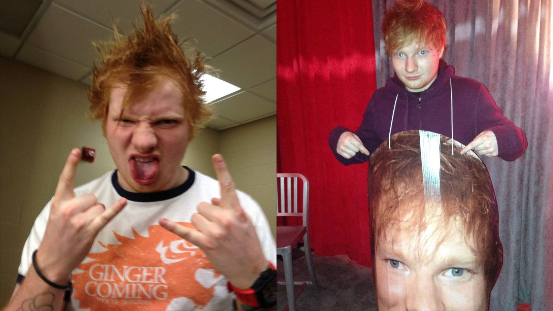 El cantante Ed Sheeran con un mohawk muestra un gesto con su dedo índice y meñique