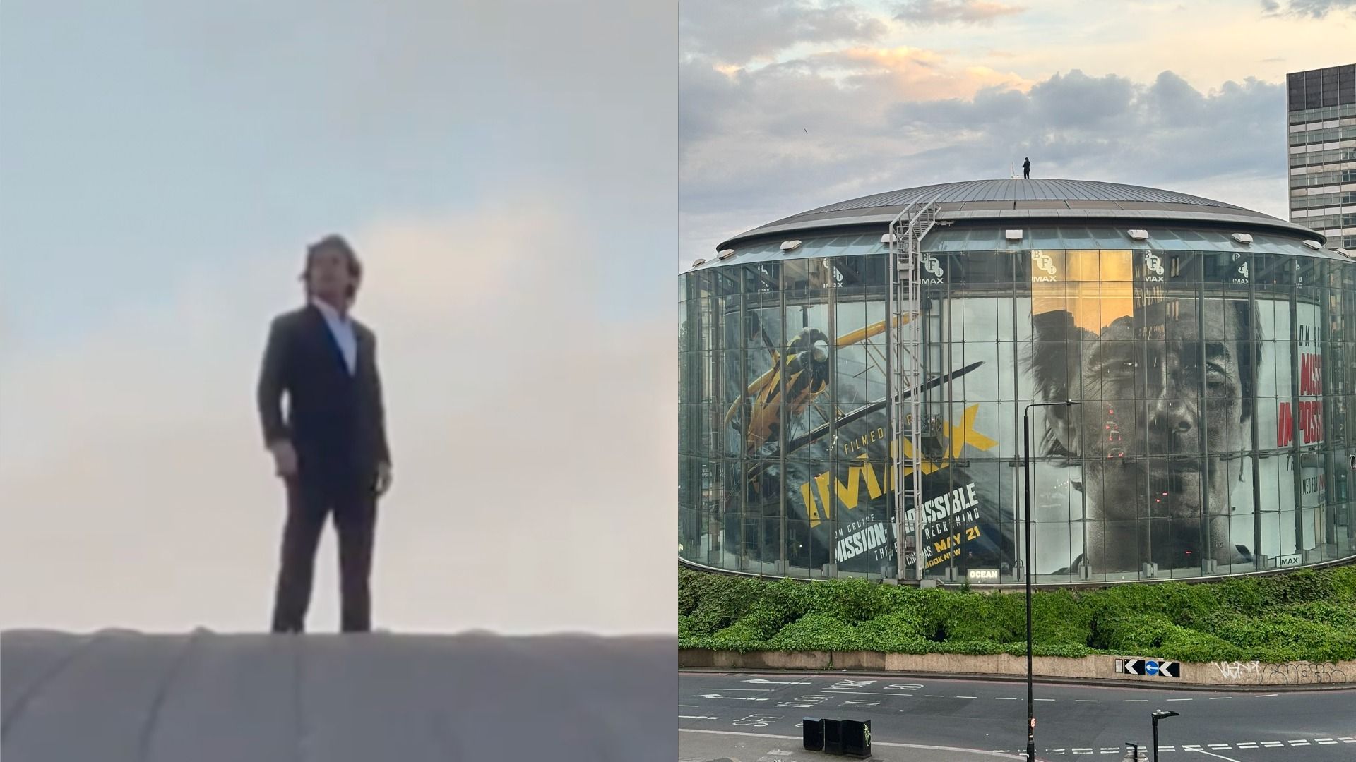 El actor Tom Cruise en traje de pie en el techo de un edificio alto con carteles de la película 'Mission: Impossible – Dead Reckoning'