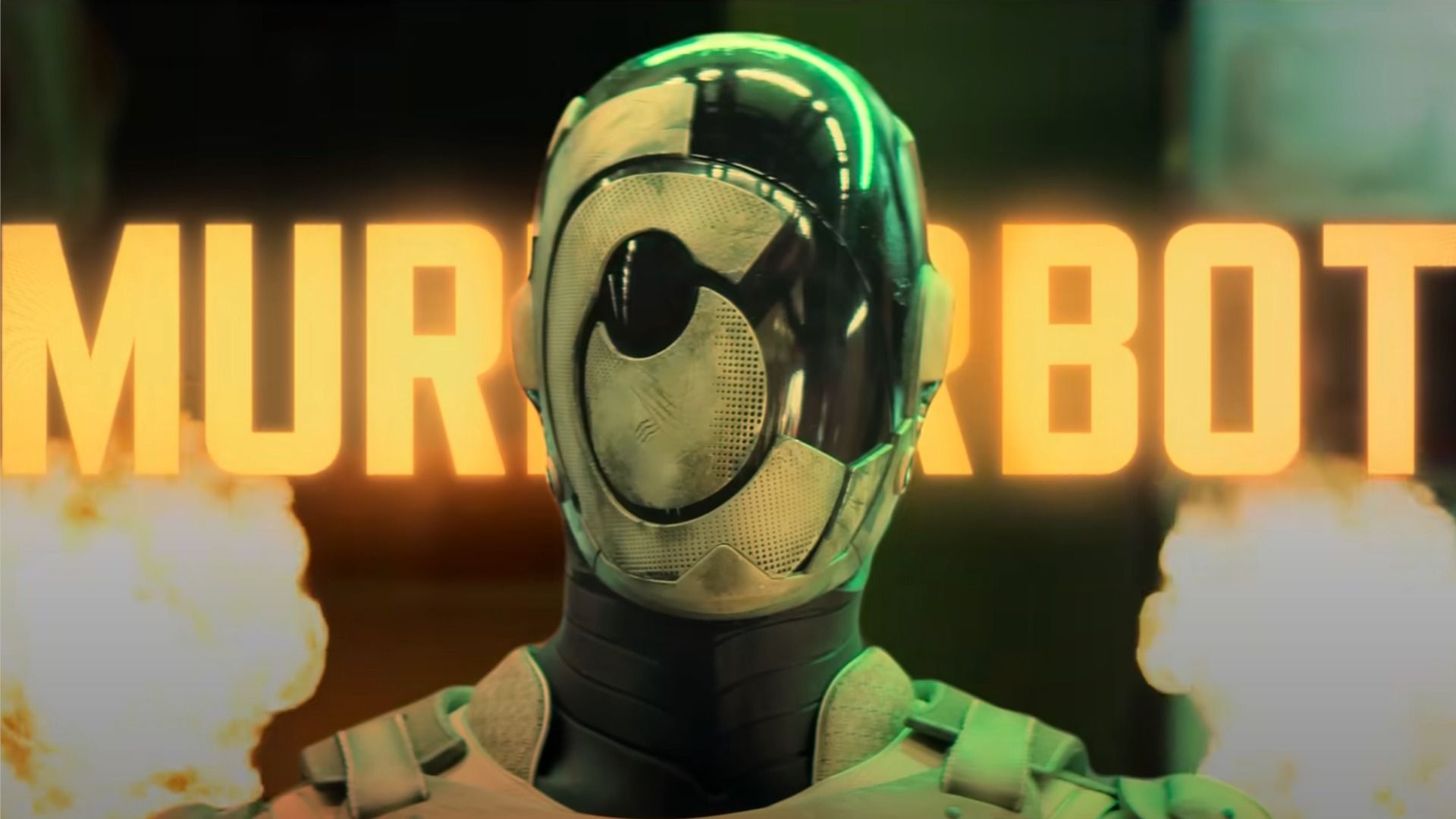 El actor Alexander Skarsgård con un traje de robot mira a la cámara con una explosión de fondo