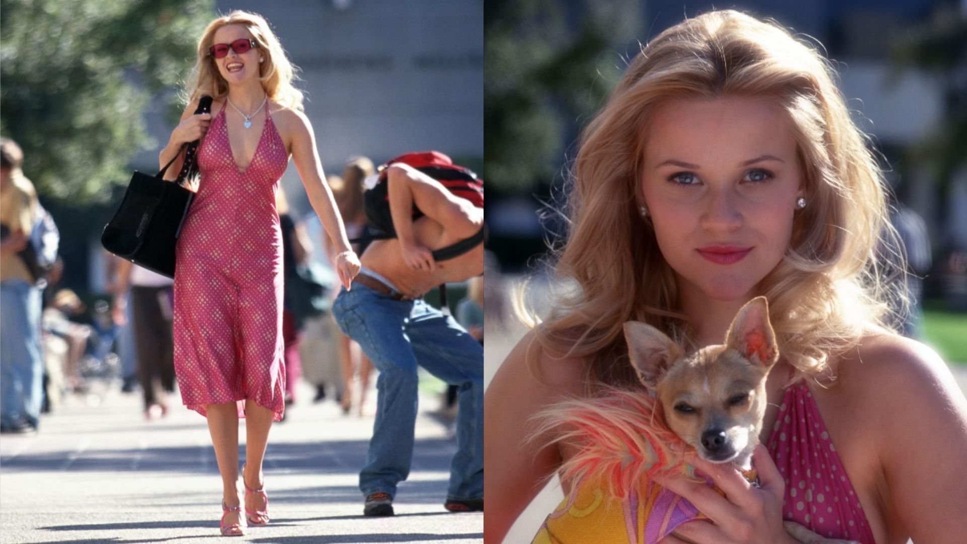 Actriz Reese Witherspoon en un vestido rosa y con un bolso negro caminando por la calle y sonriendo contra el fondo de transeúntes