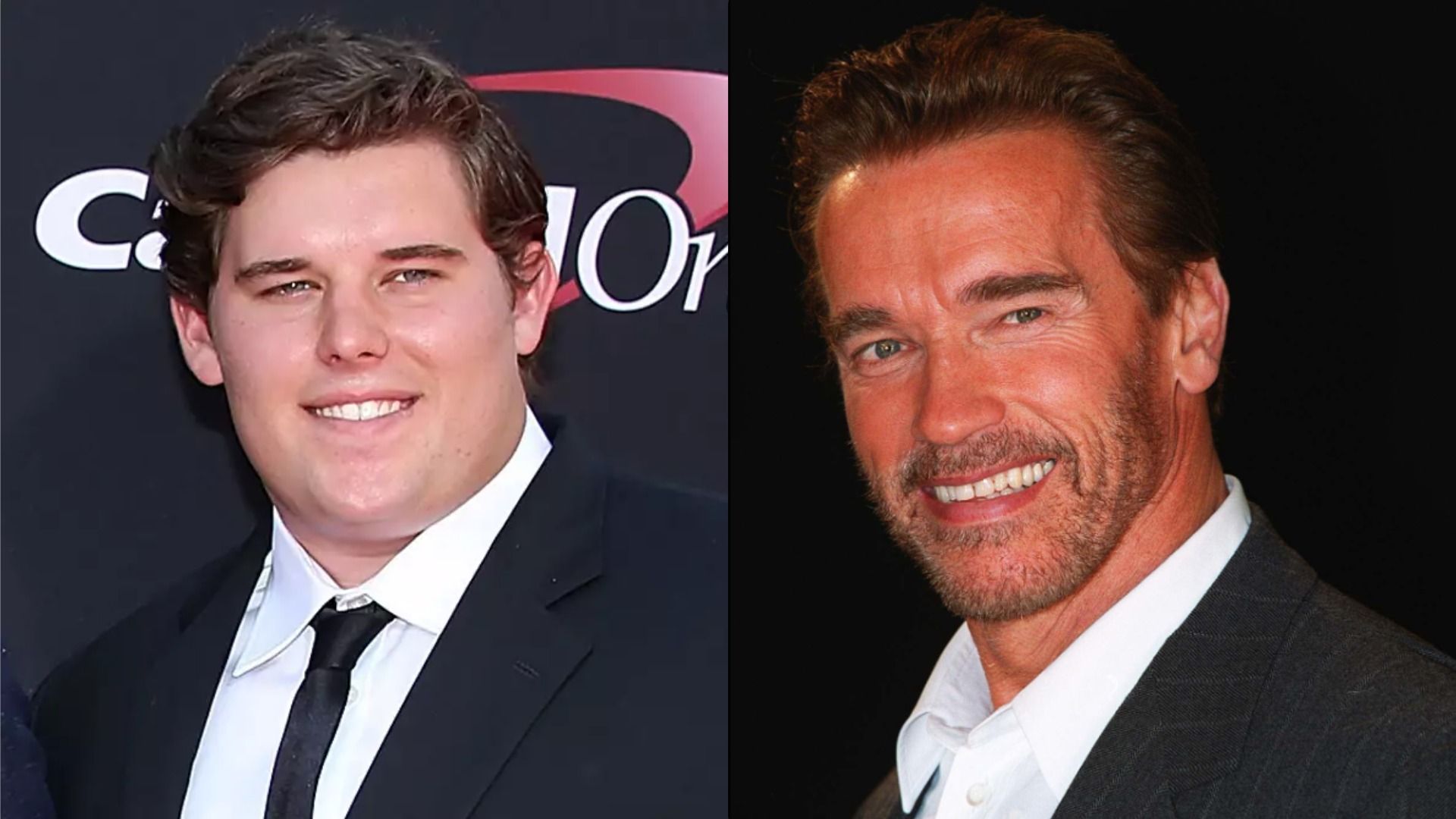 Arnold Schwarzenegger y su hijo Christopher con chaquetas negras sonriendo y mirando a la cámara