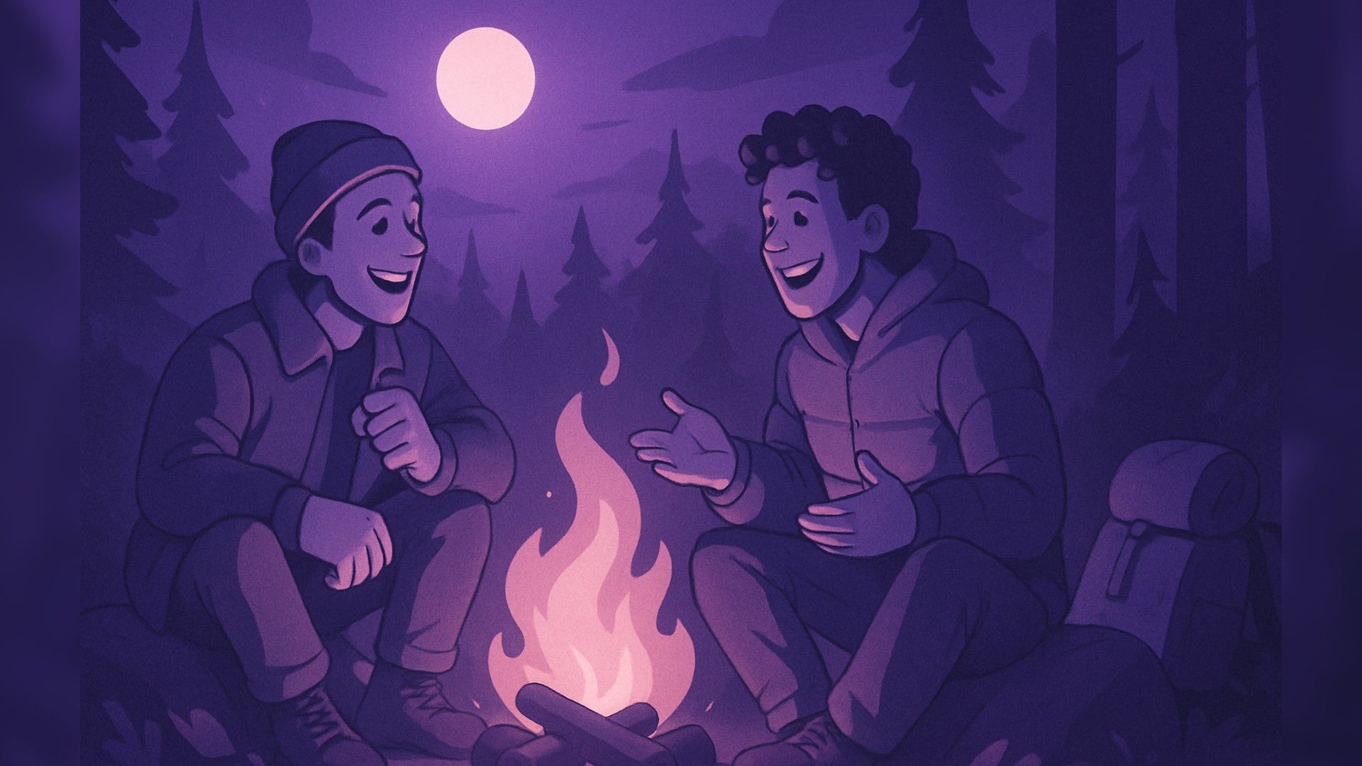 Dos amigos de excursión en el bosque — sentados junto a la fogata, discutiendo algo, una brillante luna brilla