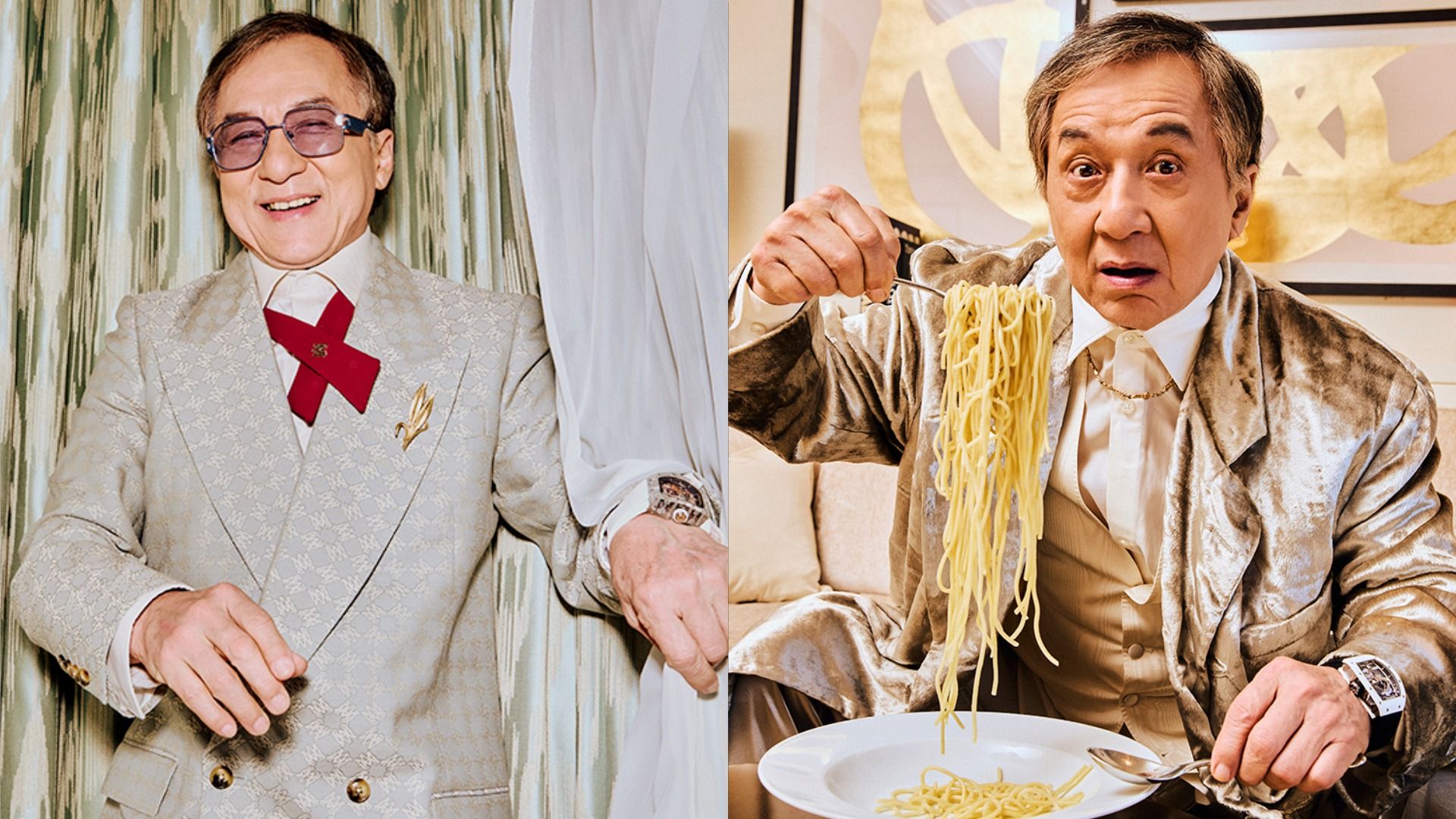 El actor Jackie Chan en una chaqueta de terciopelo mira sorprendido a la cámara, acercando un tenedor con espagueti a su boca