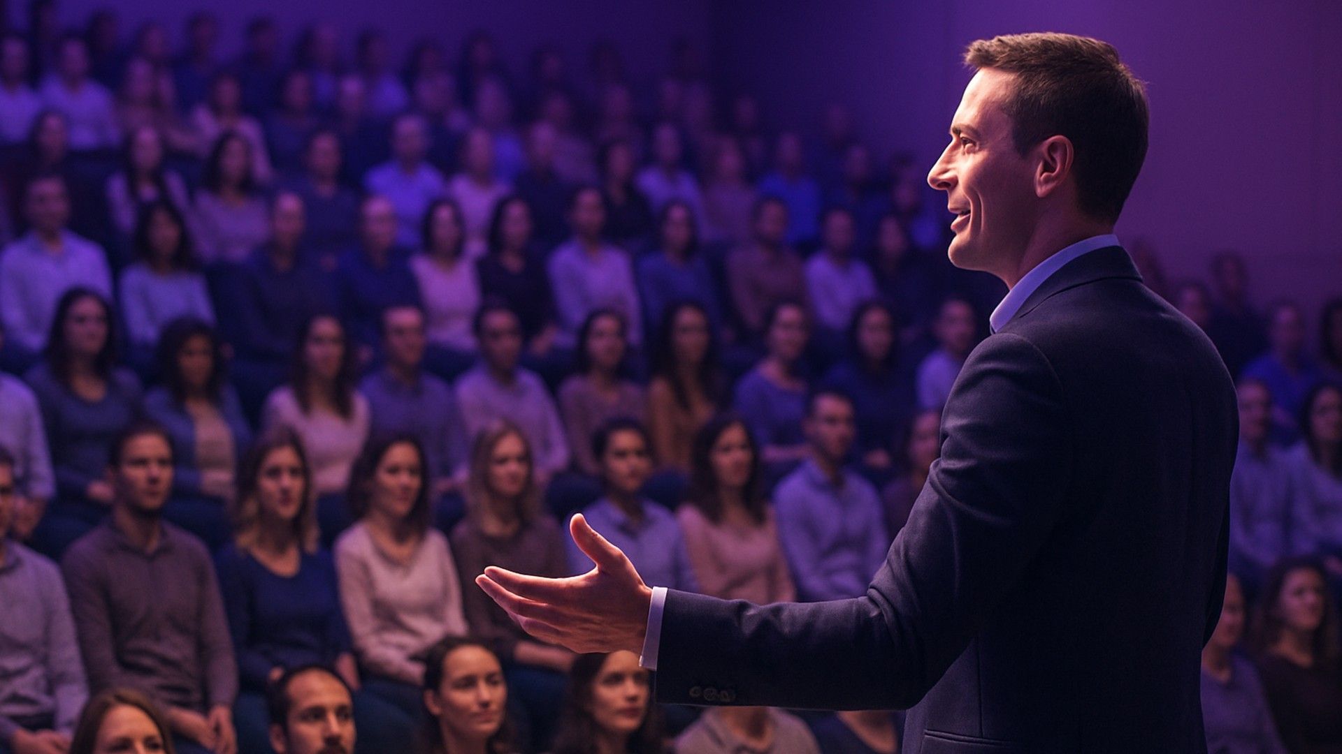 Una persona se encuentra ante una gran audiencia, entregando un discurso con confianza y elegancia, cada oyente cautivado por sus palabras