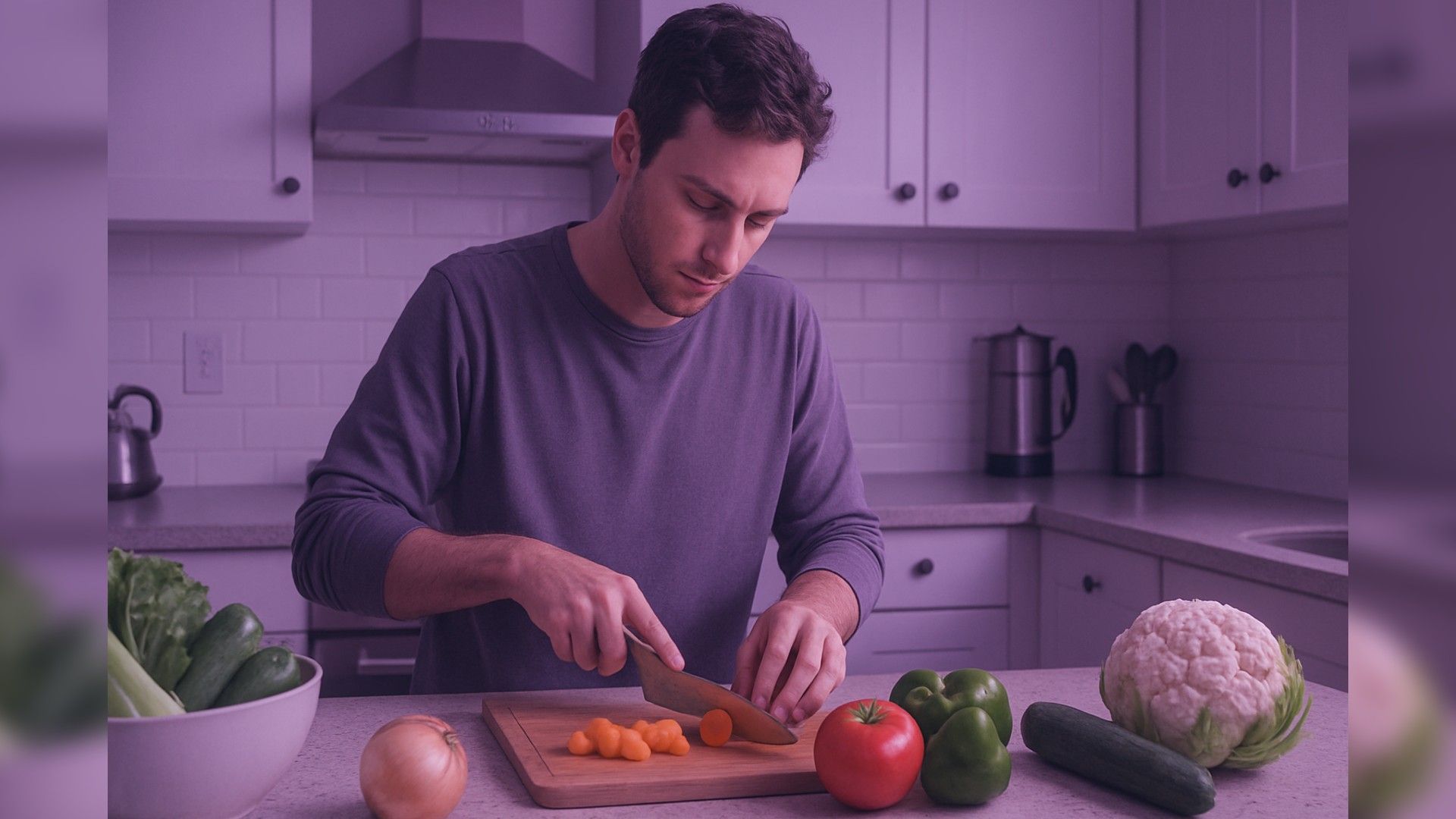 Un hombre en la cocina picando verduras con atención y calma