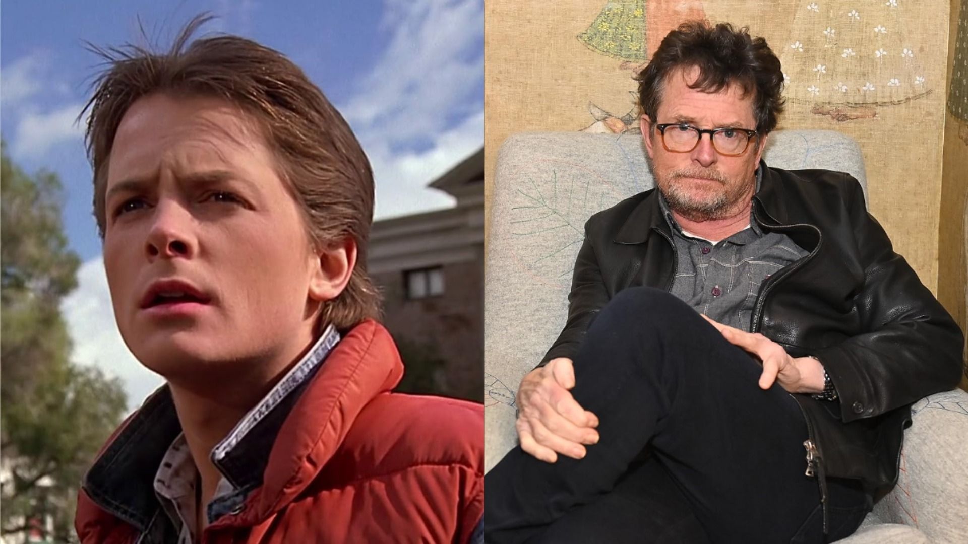 El actor Michael J. Fox en el set de 'Back to the Future' con un chaleco rojo abultado mira hacia un lado, el actor con una chaqueta de cuero y gafas se sienta en una silla en 2023