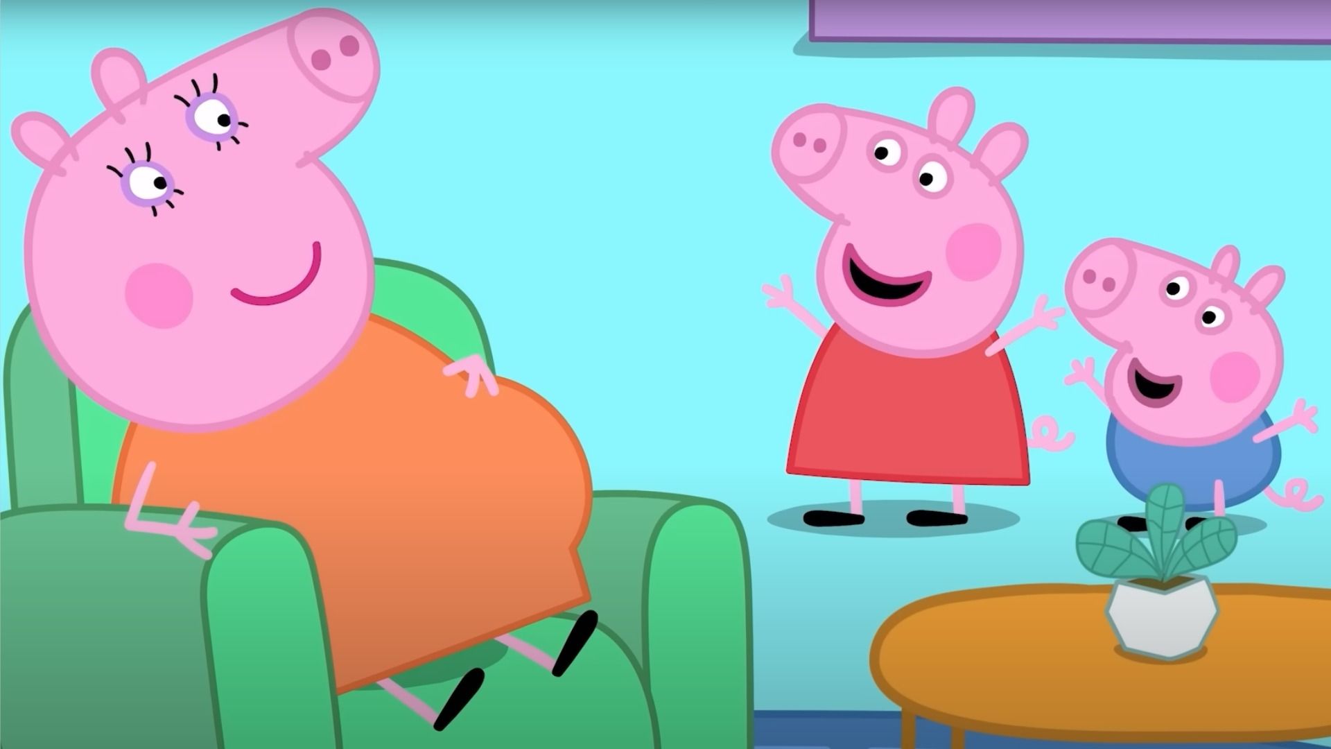 Mama Pig está sosteniendo su barriga y sentada en una silla, Peppa Pig y su hermano George han levantado las manos y están sonriendo