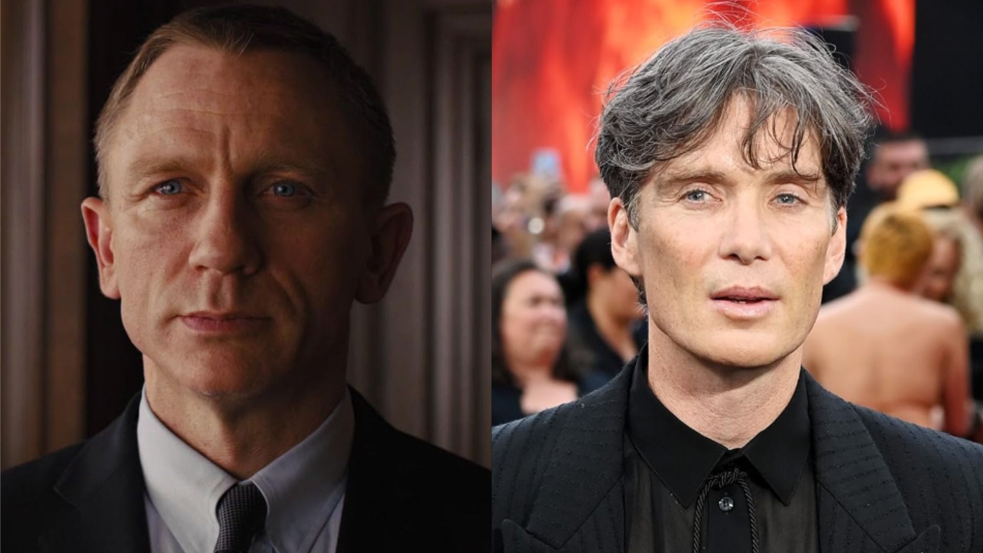 El actor Daniel Craig con chaqueta, camisa blanca y corbata mira a la cámara, el actor Cillian Murphy en una chaqueta sonríe contra un fondo de personas desenfocadas