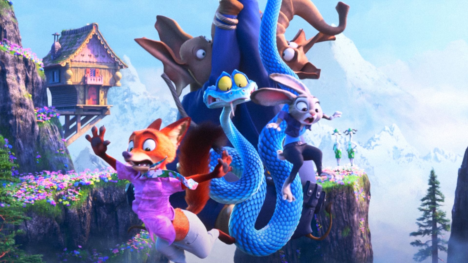 Personajes de la película animada 'Zootopia 2' volando hacia abajo contra el telón de fondo de paisajes montañosos