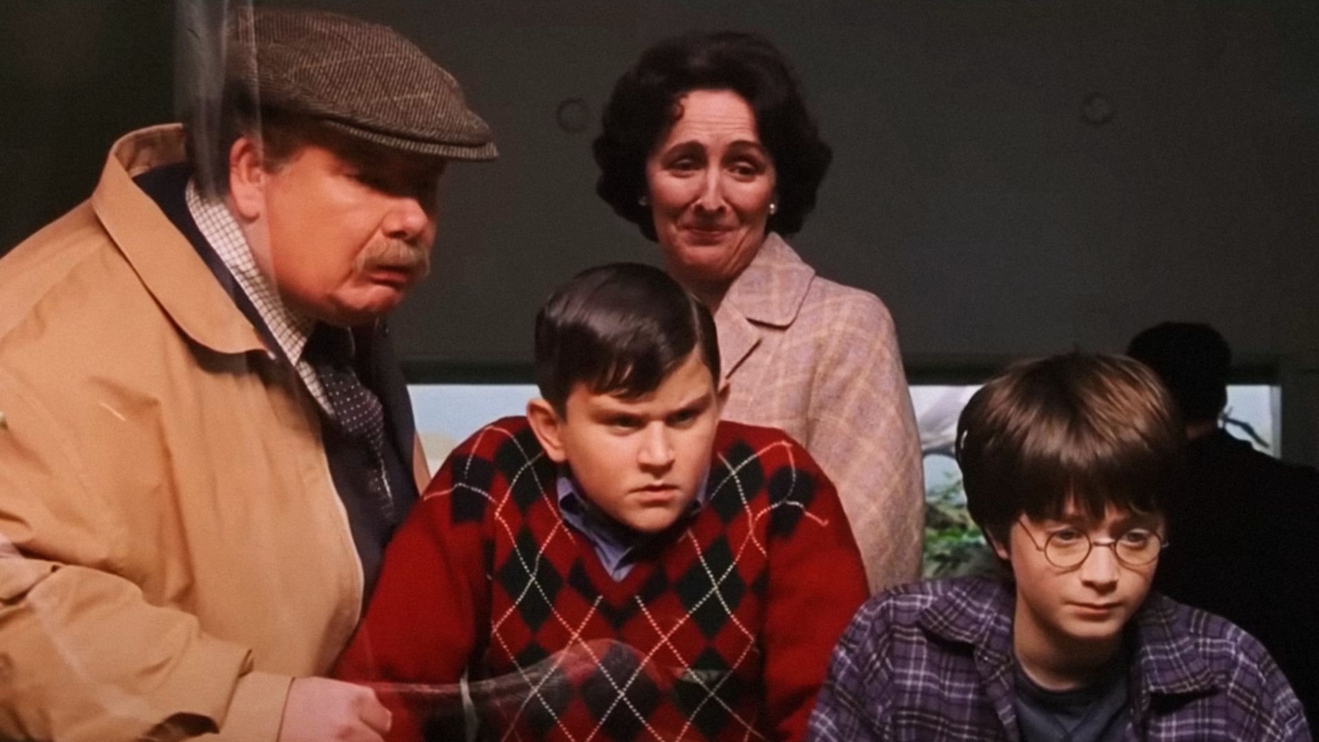 La familia Dursley de la película 'Harry Potter and the Sorcerer's Stone' está junto a la cerca de espejos y mira hacia adentro