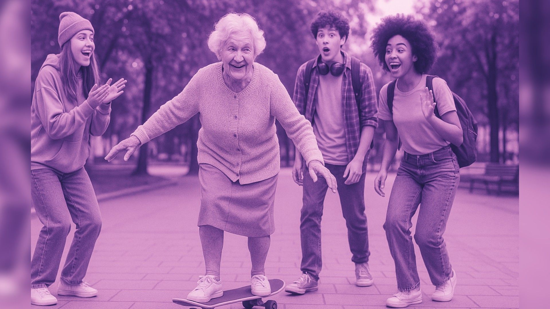 Una abuela patinando, rodeada de adolescentes que la miran con asombro y deleite.