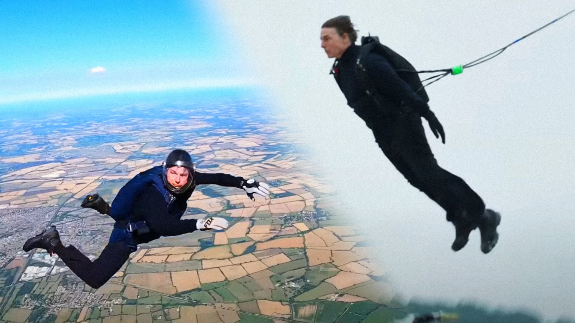 Tom Cruise en un traje negro y casco durante un salto en paracaídas mira a la cámara contra el fondo del cielo