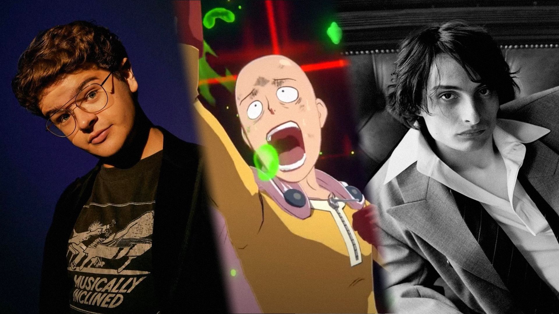 Izquierda: actor Gaten Matarazzo en una chaqueta negra. Centro: personaje de anime Saitama gritando. Derecha: actor Finn Wolfhard en una camisa blanca mirando a la cámara