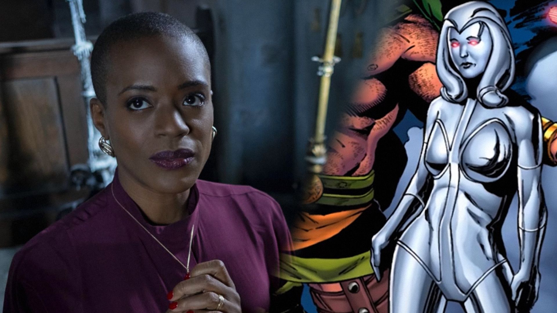 Actriz T'Nia Miller con una blusa púrpura mira de lado contra una pared, el personaje de cómic de Marvel Jocasta en un cuerpo metálico está junto a un hombre musculoso