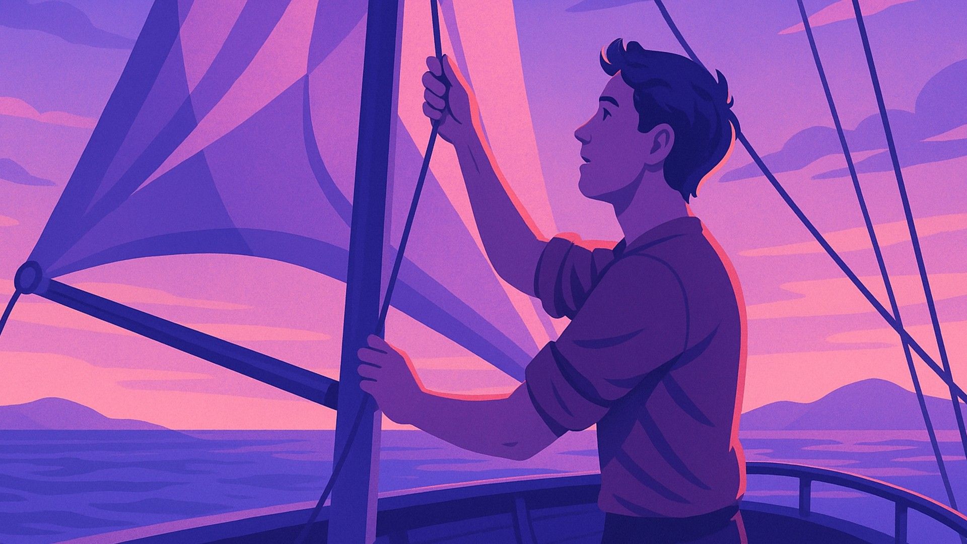 Una persona asegurando una vela en un barco, esquema de colores rosa-púrpura, estilo caricatura