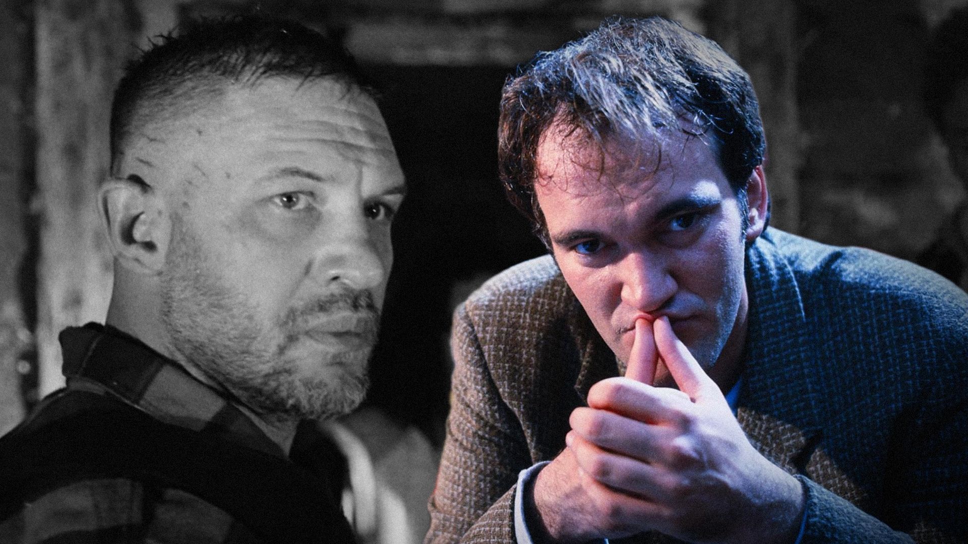 El actor Tom Hardy mira de lado contra la pared, el director Quentin Tarantino se sostiene la cabeza con las manos