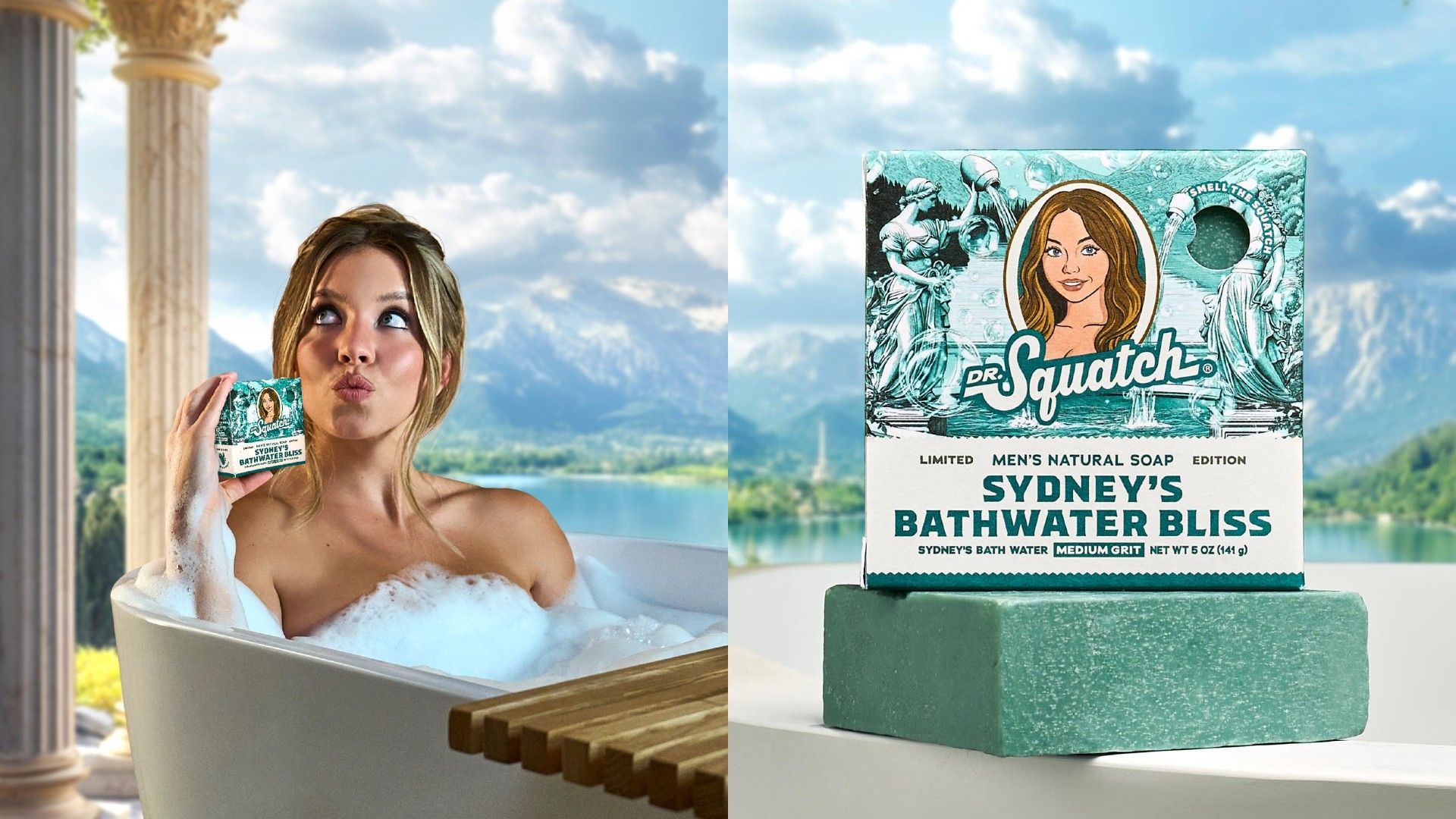 Sydney Sweeney está acostada en la bañera sosteniendo una barra de jabón en su empaque, con el empaque mostrado en primer plano a la derecha