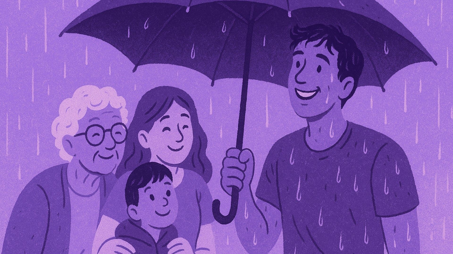 Un hombre sostiene un paraguas y protege de la lluvia a una mujer mayor, una mujer y un niño
