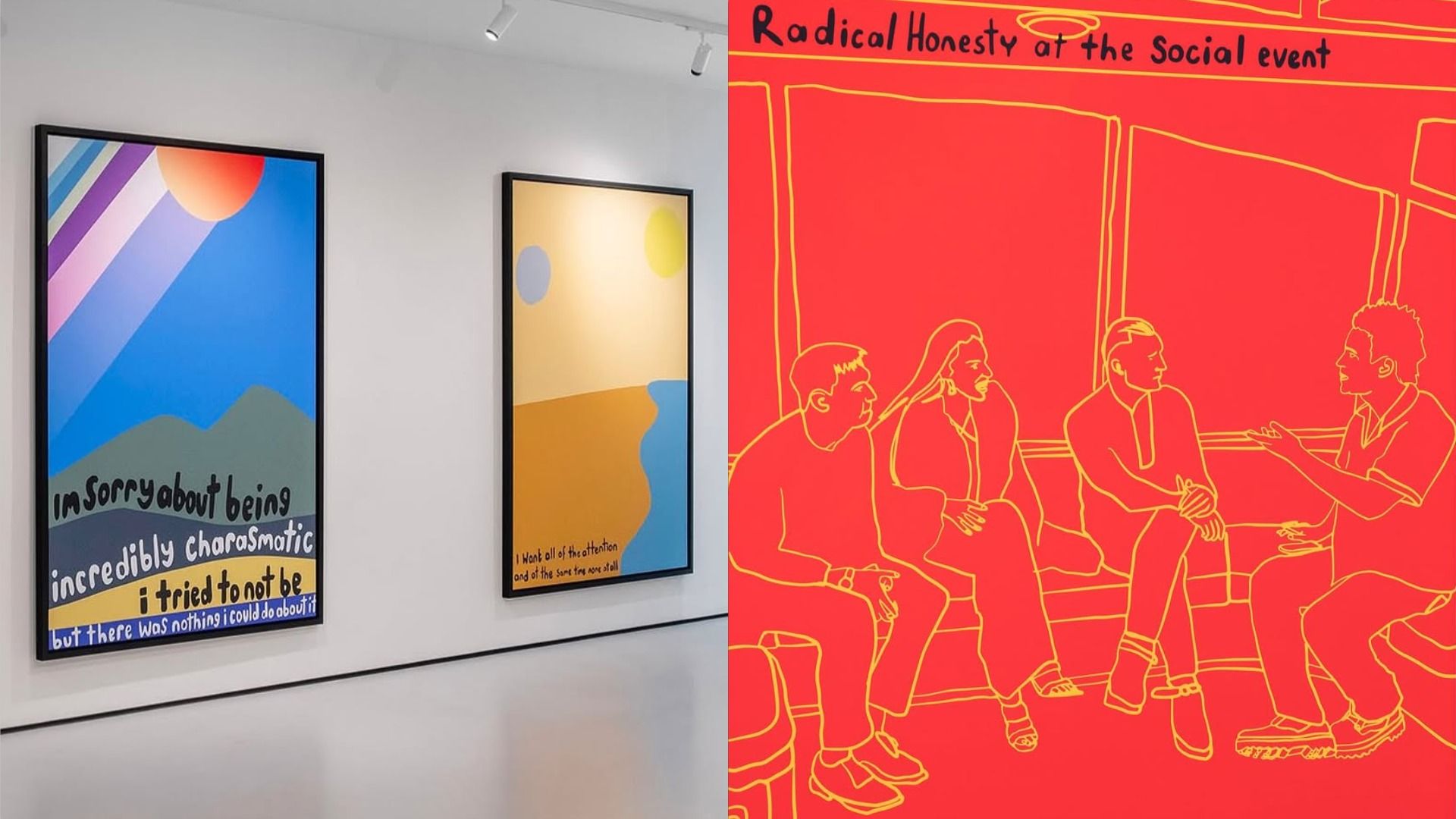 Una pintura que muestra a personas hablando entre sí contra una ventana sobre un fondo rojo