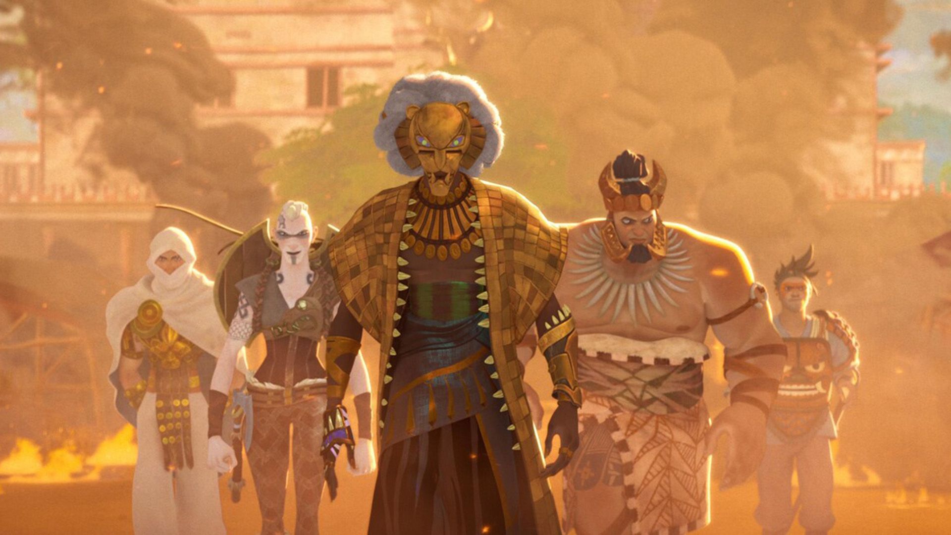 Una escena de la película animada "Eyes of Wakanda": cinco personajes en coloridos disfraces caminando hacia adelante en una neblina naranja