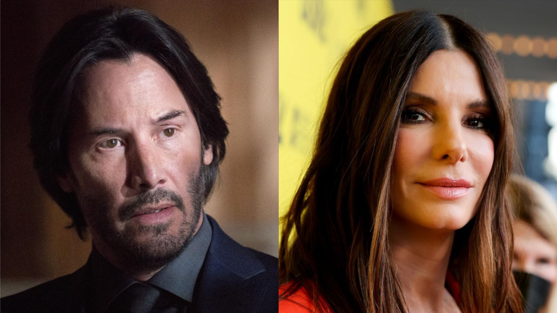 El actor Keanu Reeves con una chaqueta mira hacia un lado contra un fondo marrón, la actriz Sandra Bullock sonríe a la cámara contra un fondo amarillo
