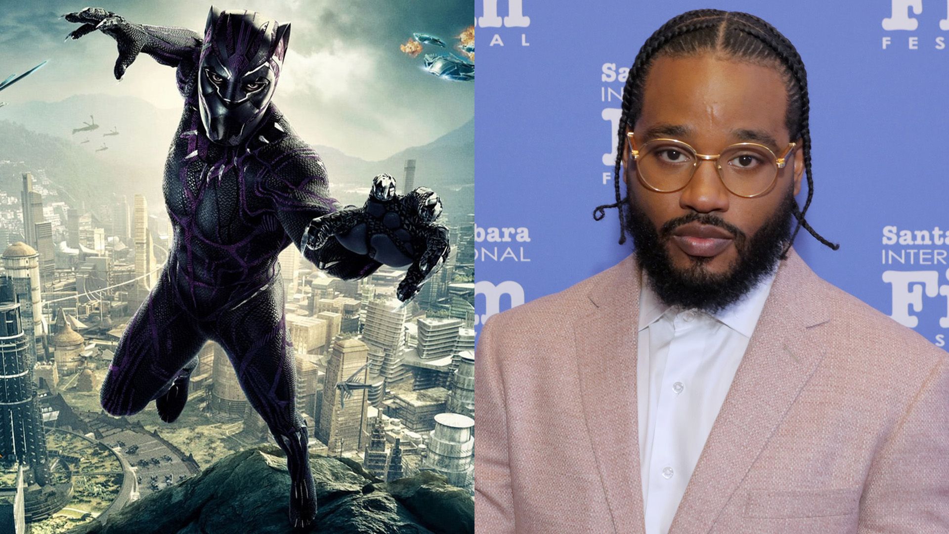 Collage: Chadwick Boseman como Black Panther de la película 'Black Panther'; director Ryan Coogler con gafas y una chaqueta beige