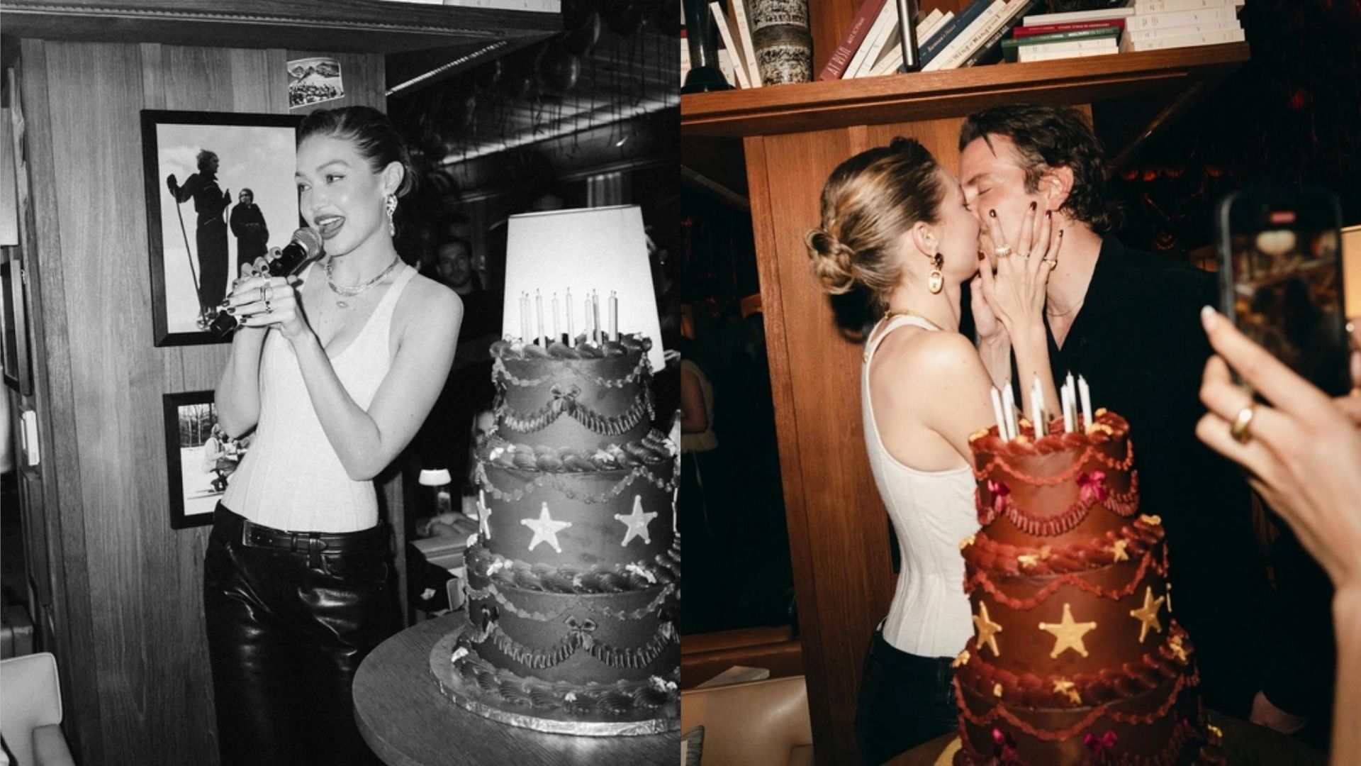 La modelo Gigi Hadid en un corsé blanco besa al actor Bradley Cooper en los labios contra un fondo de una estantería llena de libros