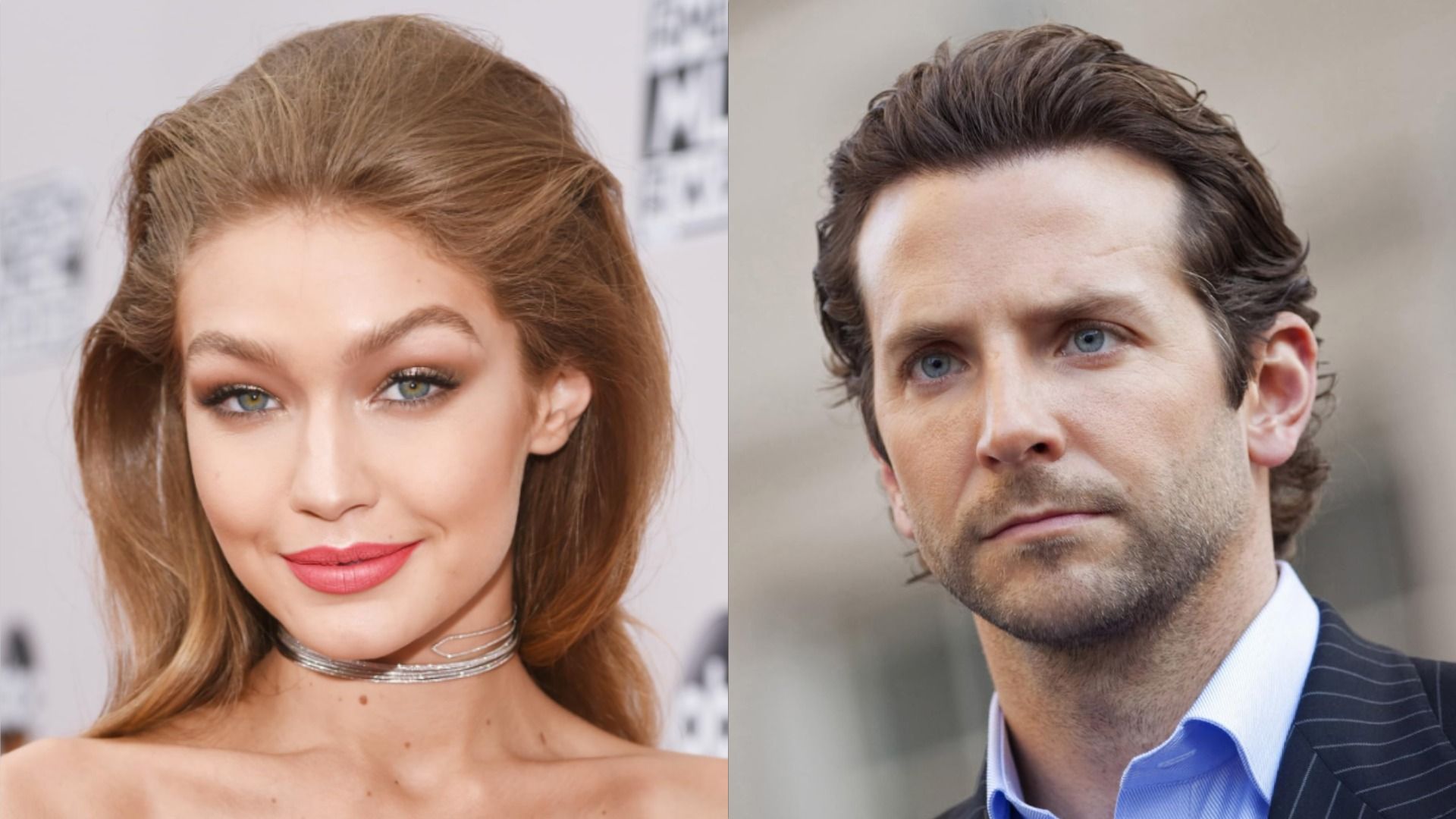 La modelo Gigi Hadid mira a la cámara y sonríe, el actor Bradley Cooper mira hacia otro lado