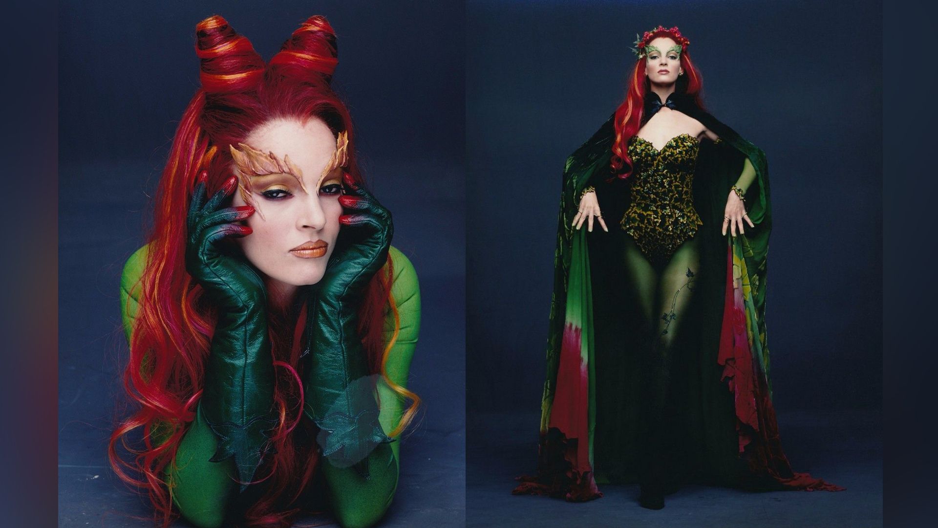 Collage: Uma Thurman como Poison Ivy de la película 'Batman & Robin' de cuerpo entero y en primer plano