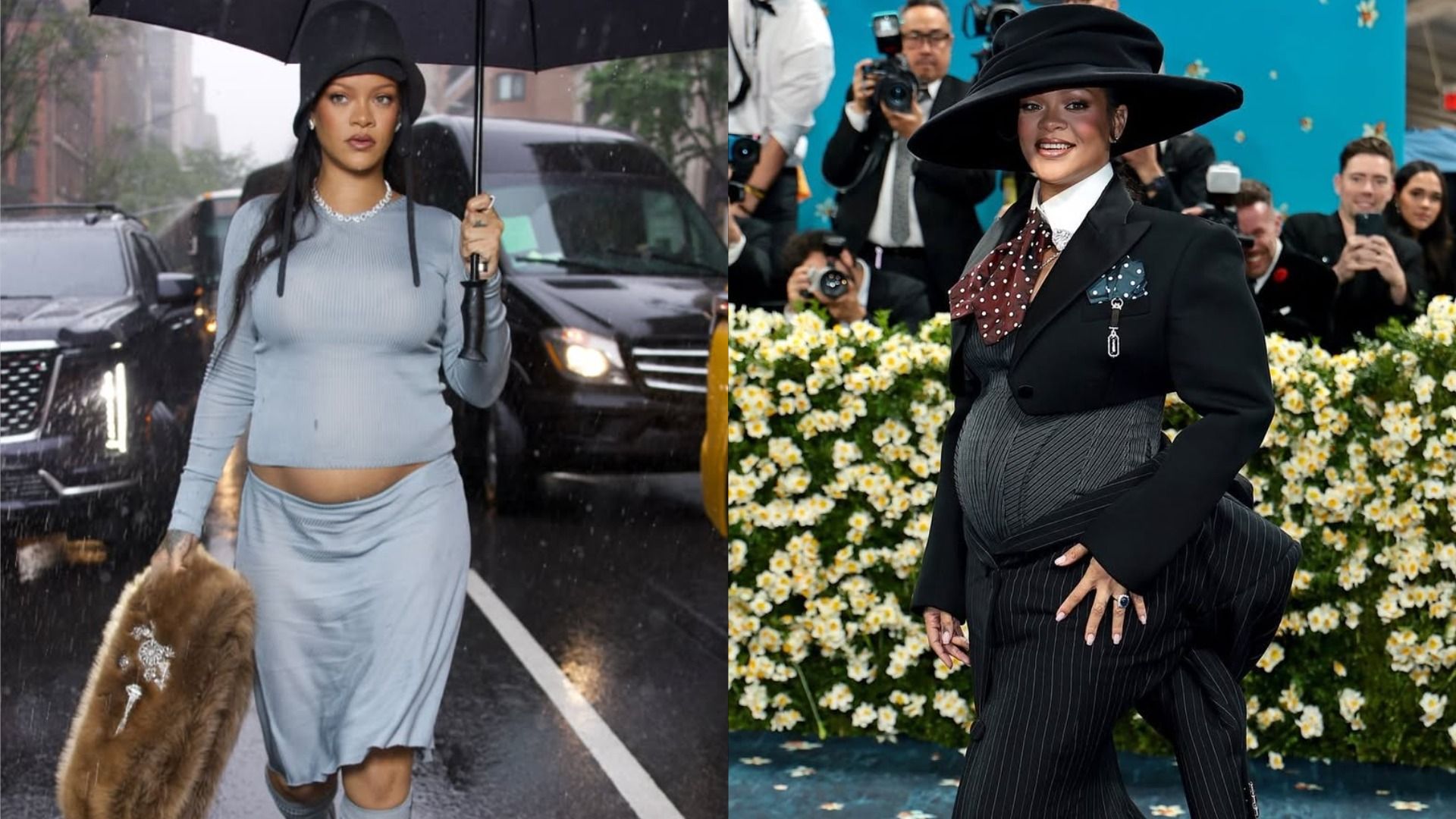 La cantante Rihanna con un vientre redondeado camina con un paraguas por la calle bajo la lluvia con una falda gris