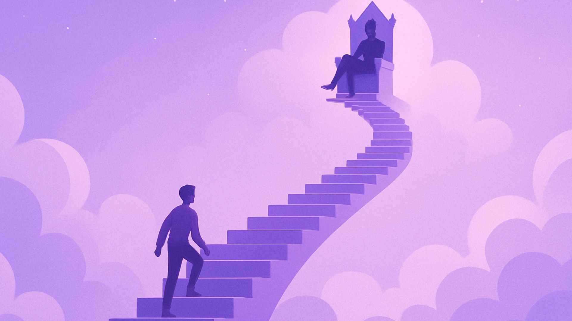 Escalera hacia las nubes — una larga escalera en espiral lleva a un trono en el cielo, donde una figura orgullosa se sienta como si fuera una deidad.