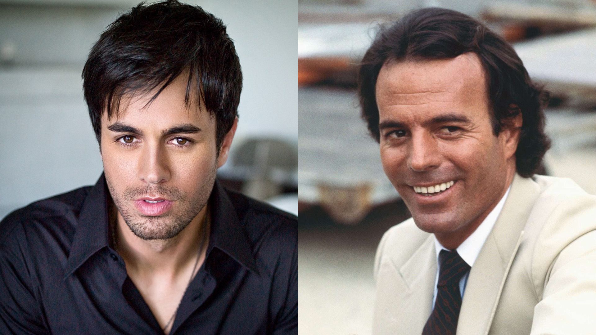 Collage: Enrique Iglesias con una camisa negra y Julio Iglesias con una chaqueta beige
