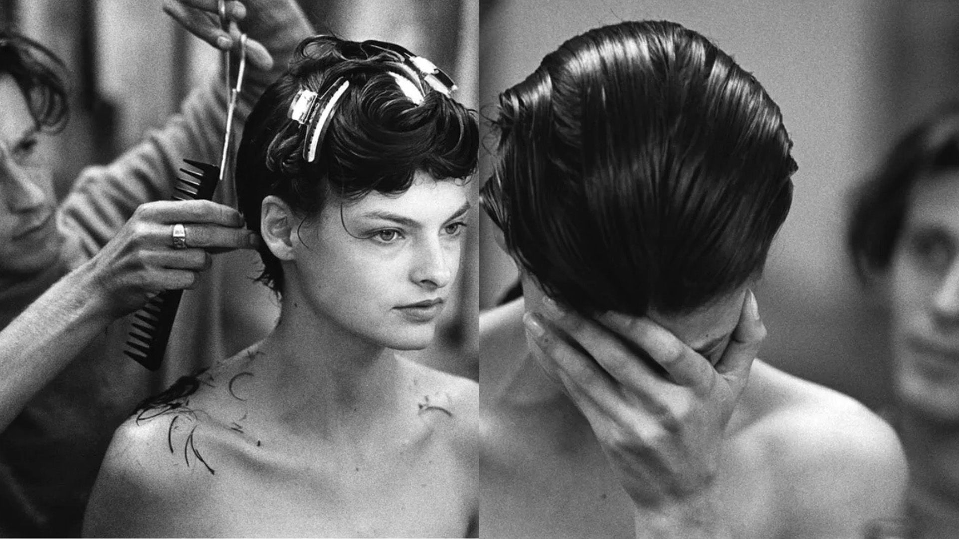 Collage: Julien d'Ys cortando el cabello de Linda Evangelista; Linda Evangelista ha inclinado su cabeza y cubierto su rostro con su mano