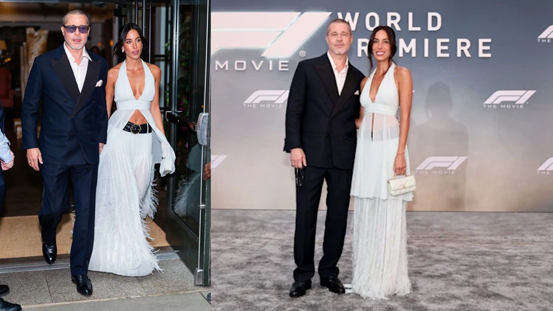 Brad Pitt con traje oscuro e Ines de Ramon con top y falda blancos posan para las cámaras