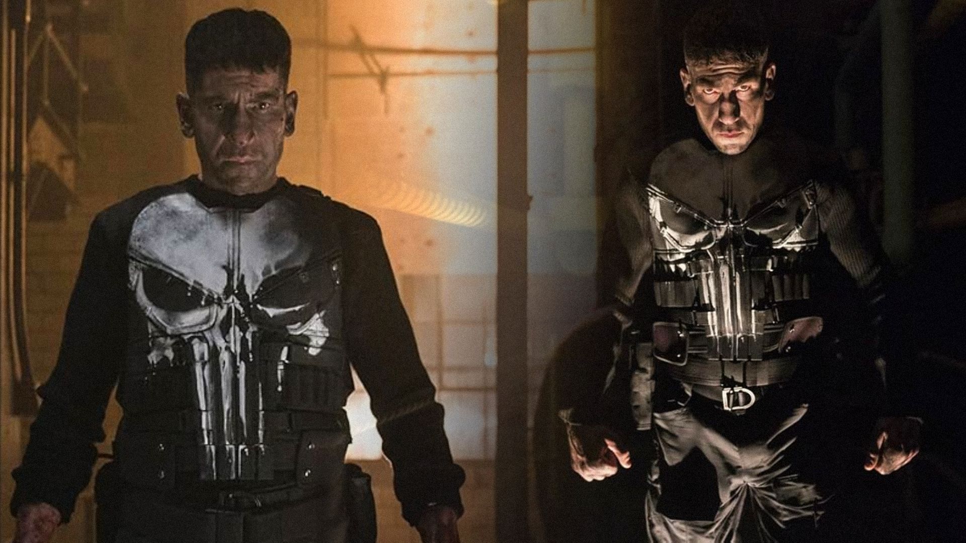 El actor Jon Bernthal con ropa estampada con una calavera está de pie bajo una luz amarilla