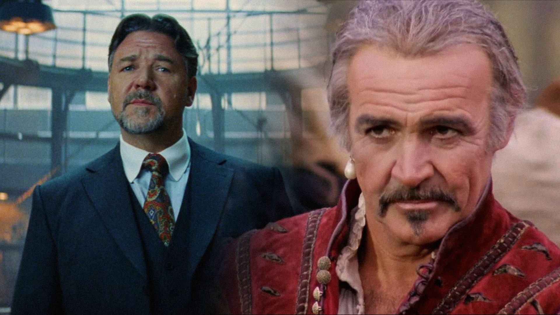 El actor Russell Crowe en traje negro mirando a la cámara y el actor Sean Connery como el egipcio Ramírez