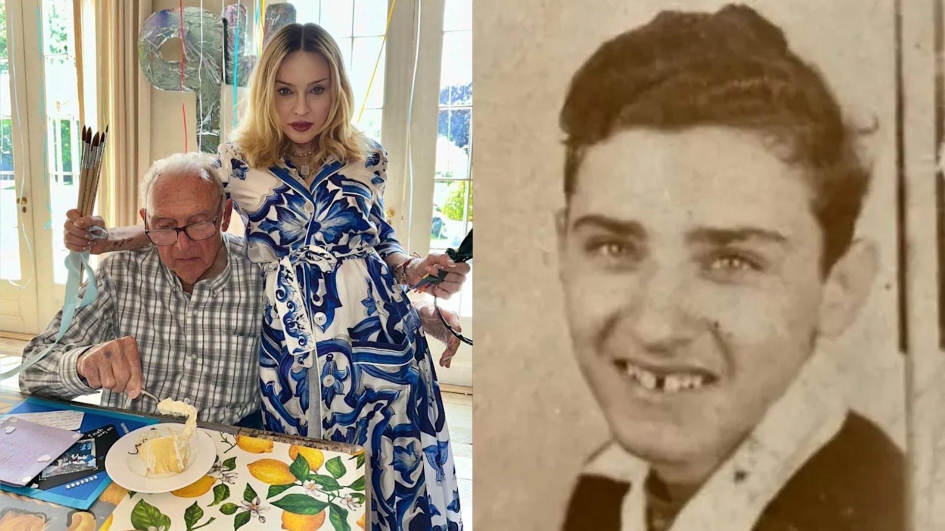Singer Madonna in a blue dress stands next to her father Silvio, who sits at the table wearing glasses