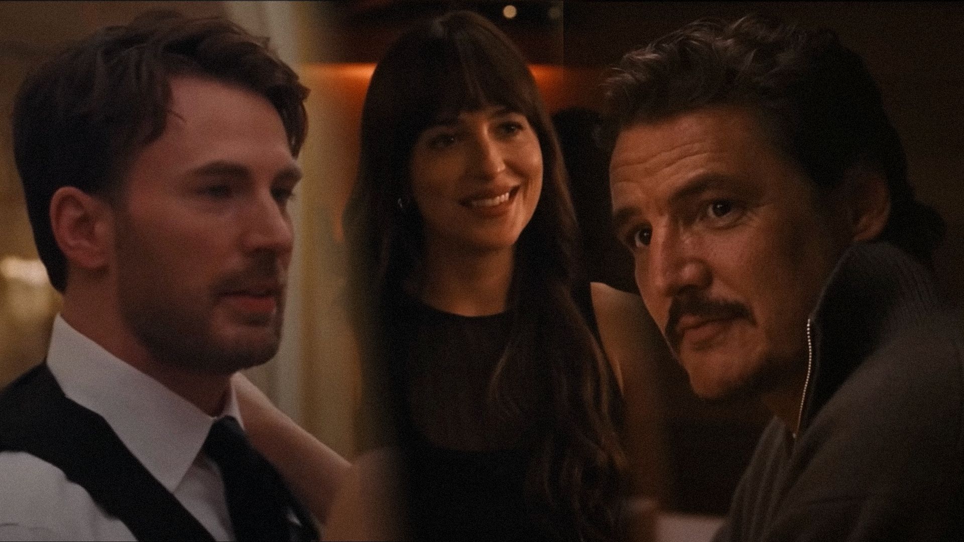 Los actores Chris Evans con camisa blanca, Dakota Johnson con vestido negro y Pedro Pascal con suéter gris